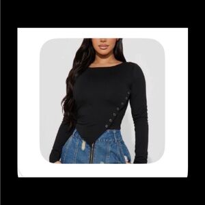 Fashion Nova Black Asymmetrical Long Sleeve Botton Down Top